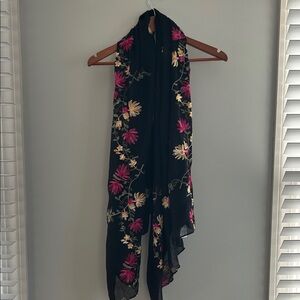 Source Unknown Black Scarf with Pink & Yellow Floral Embroidery